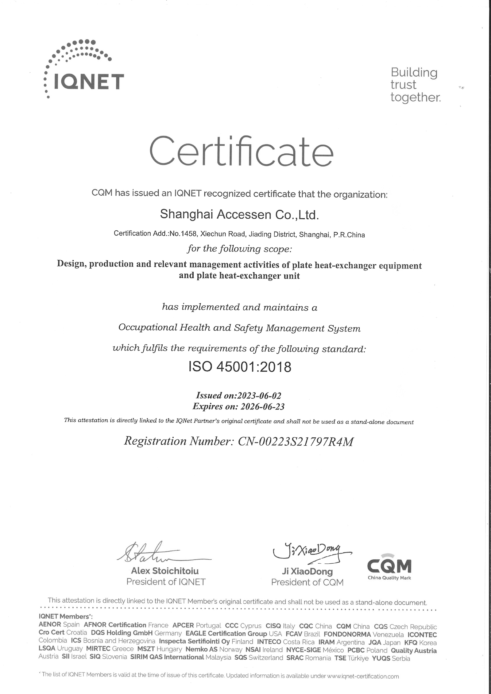 ISO 45001:2018 Occupational Health and Safety Management System Certificate
